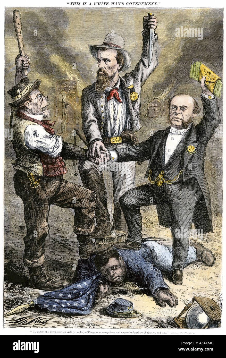 Befreite Sklaven gehalten von einem Immigranten ein Geschäftsmann und ein südstaatler einen weißen Mann Regierung 1868 erklären. Hand - farbige Holzschnitt von Thomas Nast Cartoon Stockfoto