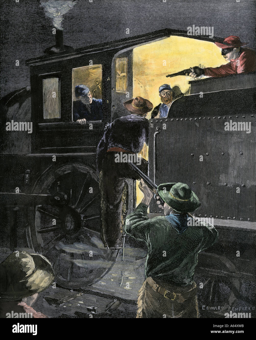 Banditen rauben eine Eisenbahn Zug zu spät 1800. Hand - farbige Holzschnitt Stockfoto