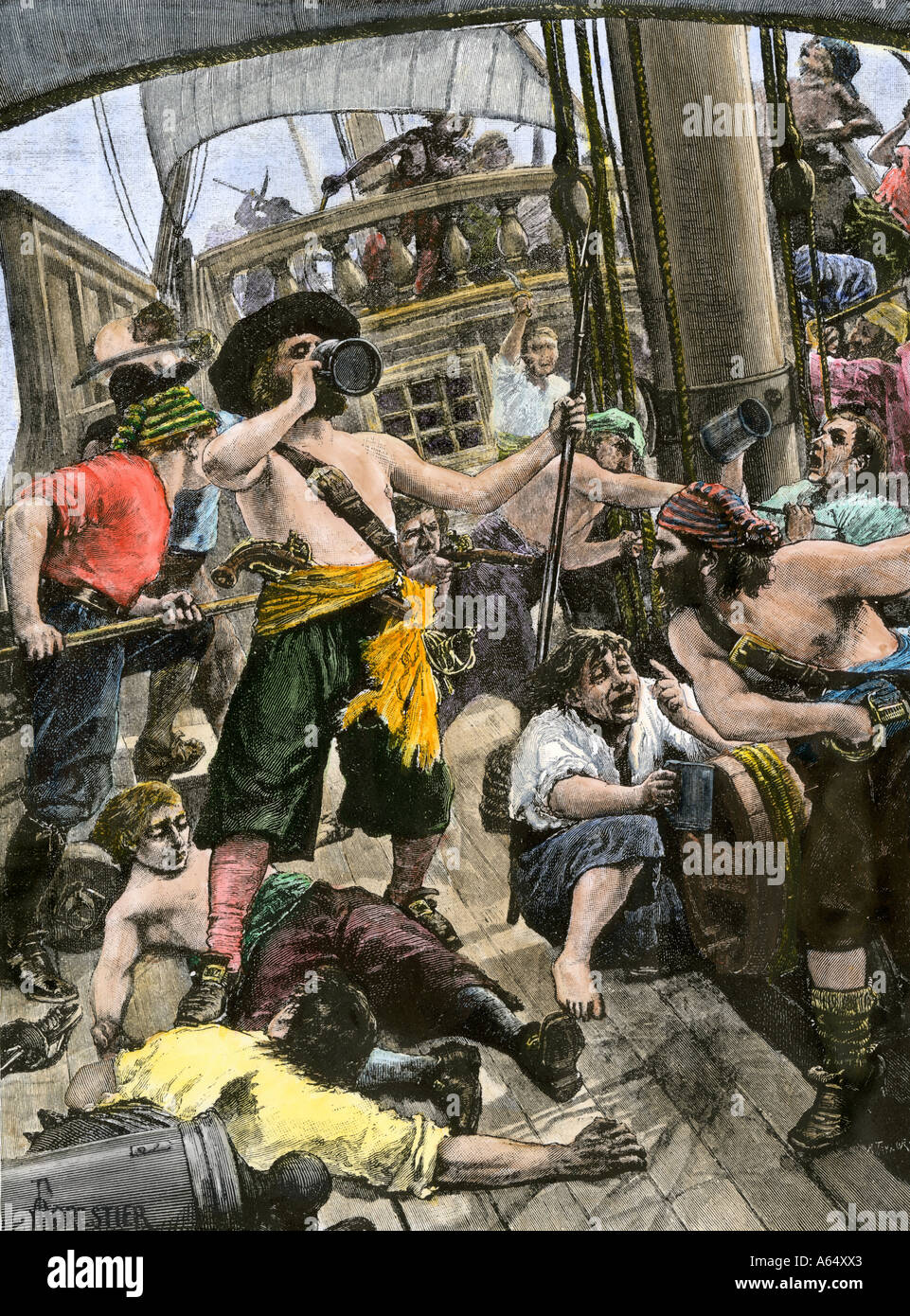 Drunken Piraten an Bord eines Segelschiffes. Hand - farbige Holzschnitt Stockfoto