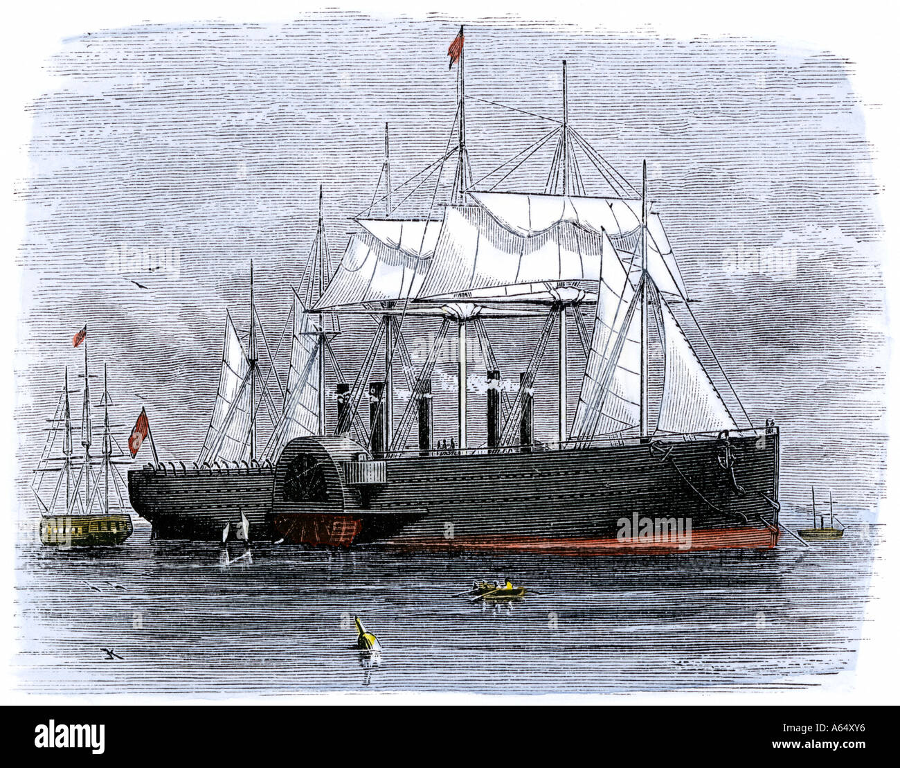 Dampfschiffes Great Eastern Telegraph Kabel versucht über den Atlantik 1850 zu legen. Hand - farbige Holzschnitt Stockfoto