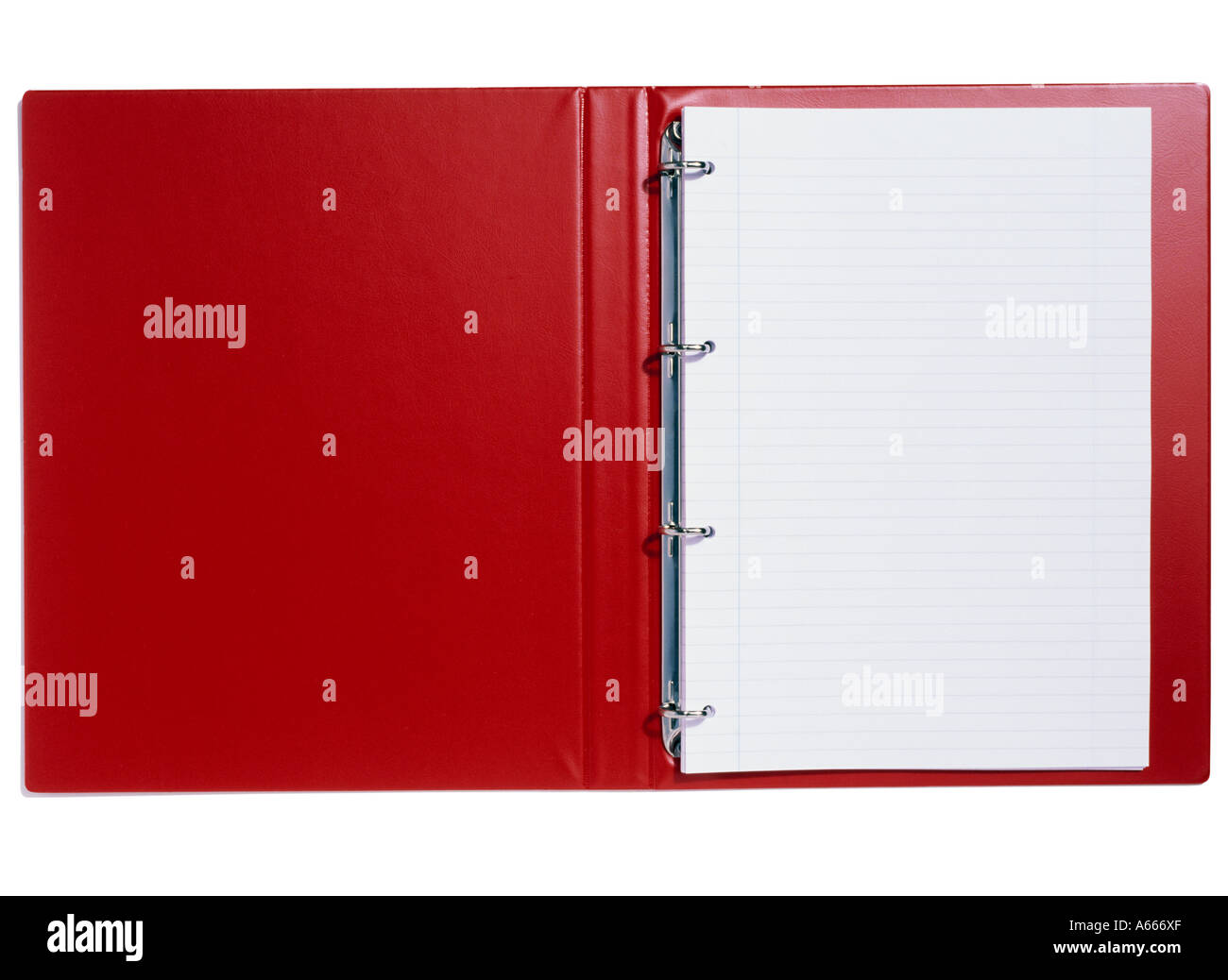 Eine offene rote Datei mit Normalpapier Stockfoto