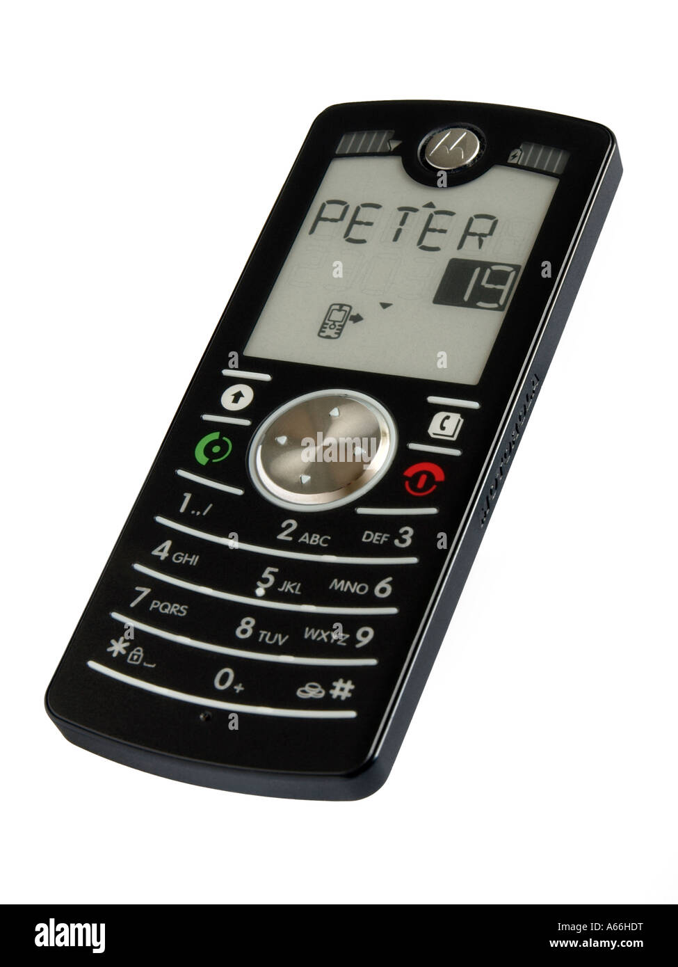 Motorola Motofone F3 Ausschnitt weißen Hintergrund ultra dünne low-cost Handy abzielen, Entwicklungsländer Stockfoto