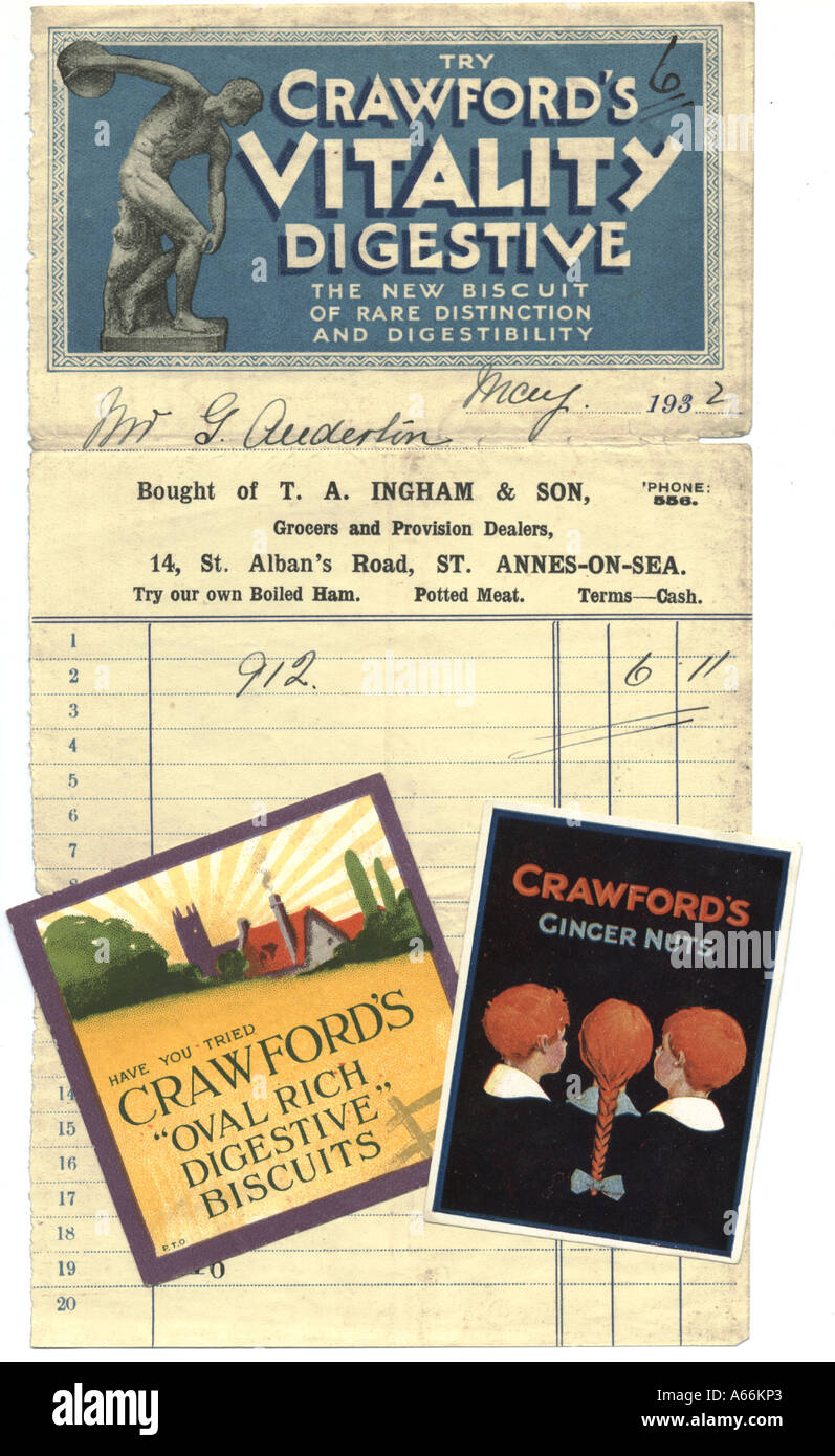 Crawfords Kekse Werbung und Werbung Billhead um 1930 Stockfoto