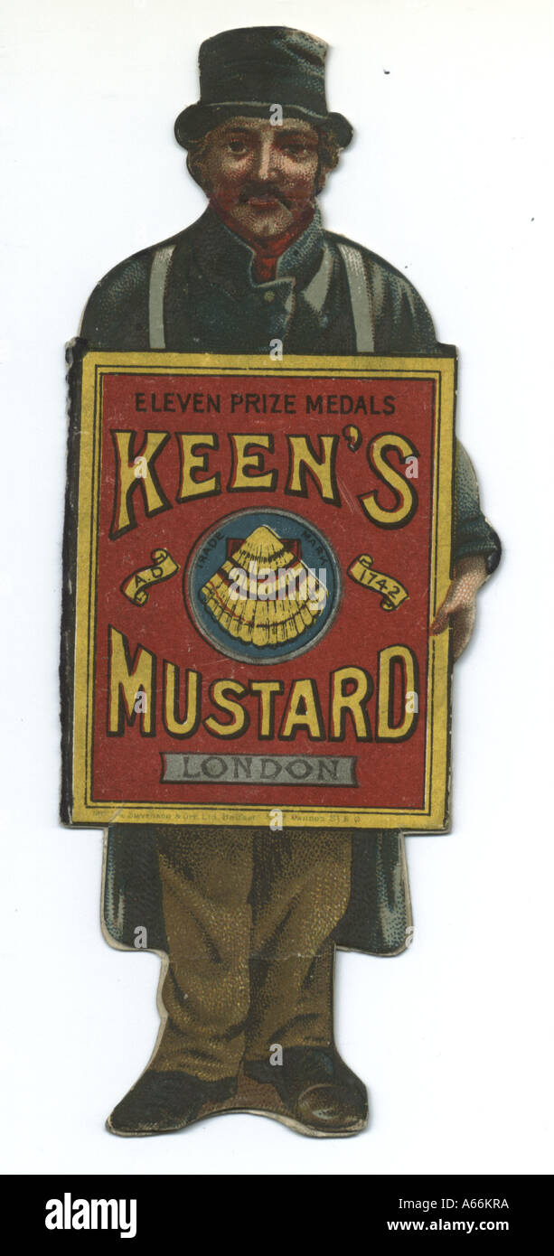 Die cut Werbung für Begeisterte's Senf ca. 1890, älterer Mann mit einem Sandwich board Werbung scharfer Senf Stockfoto
