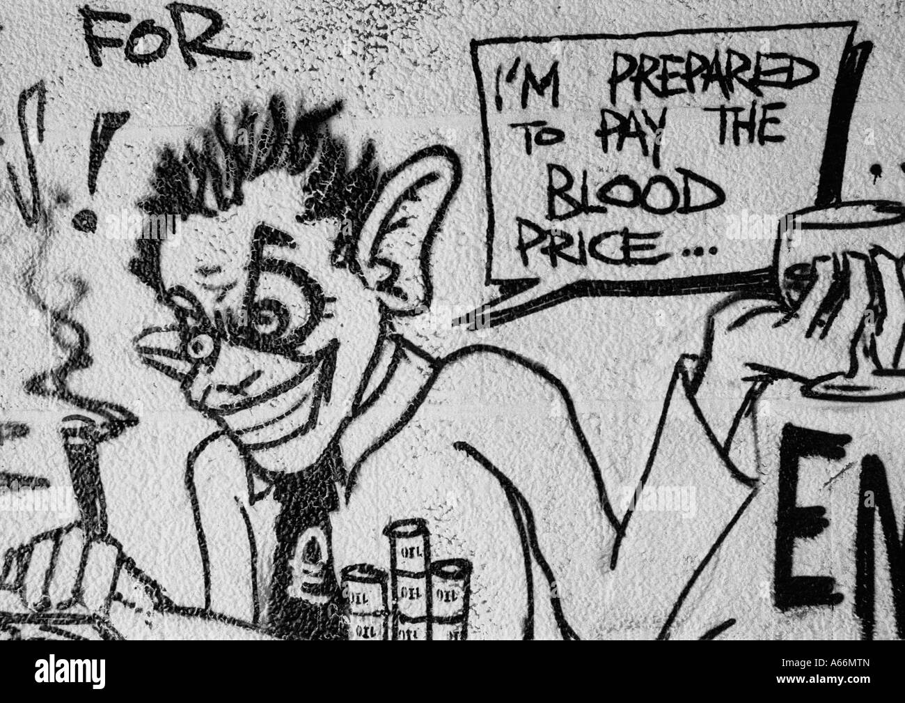 Donnington Brücke, Oxford, Großbritannien: Graffiti-Bild von einem bösen Tony Blair Krieg kriegstreiberischen und gierig nach Geld und Öl im Irak Stockfoto