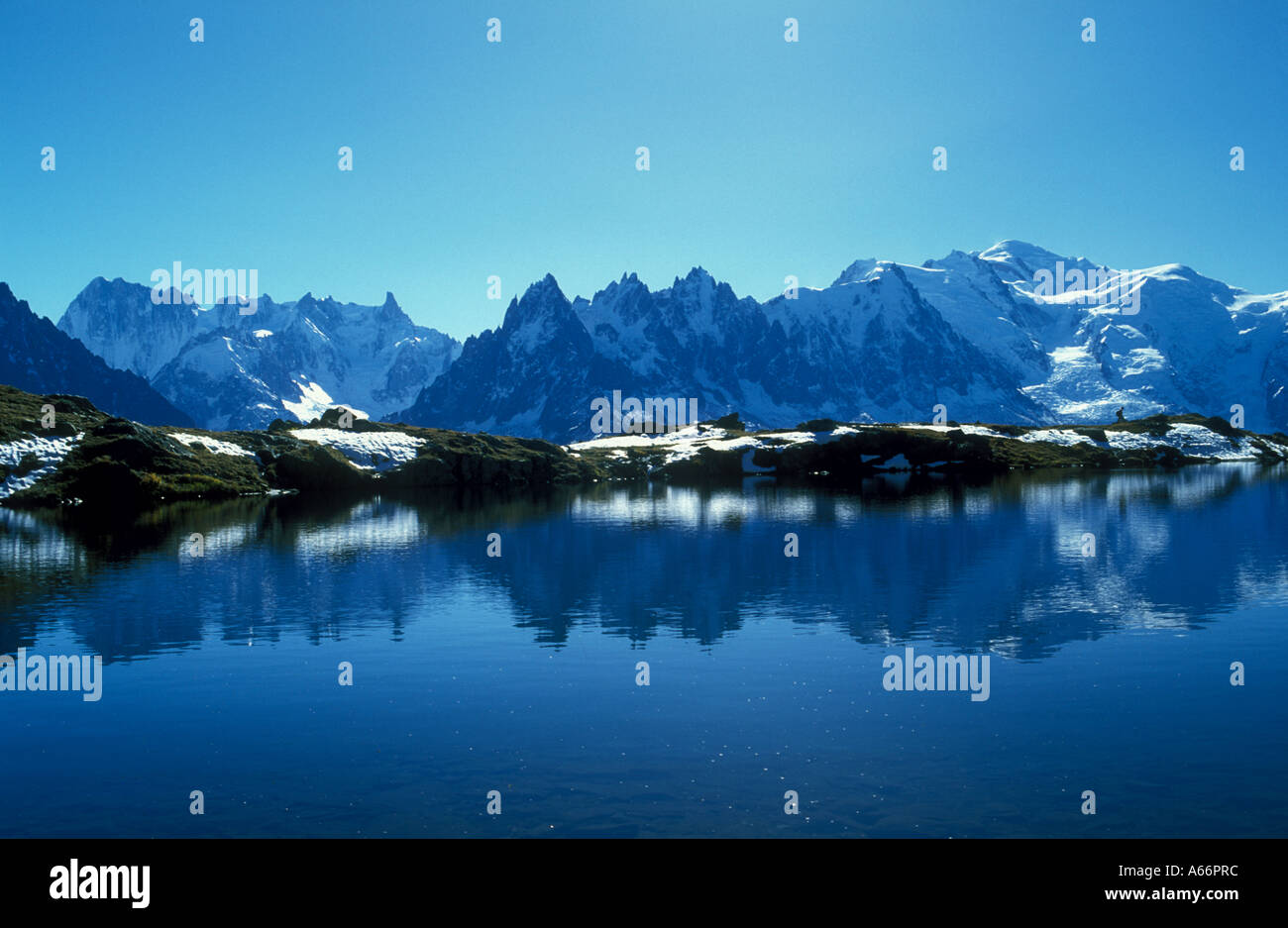 Mont Blanc Reflexion in Lac Blanc, Französische Alpen Stockfoto