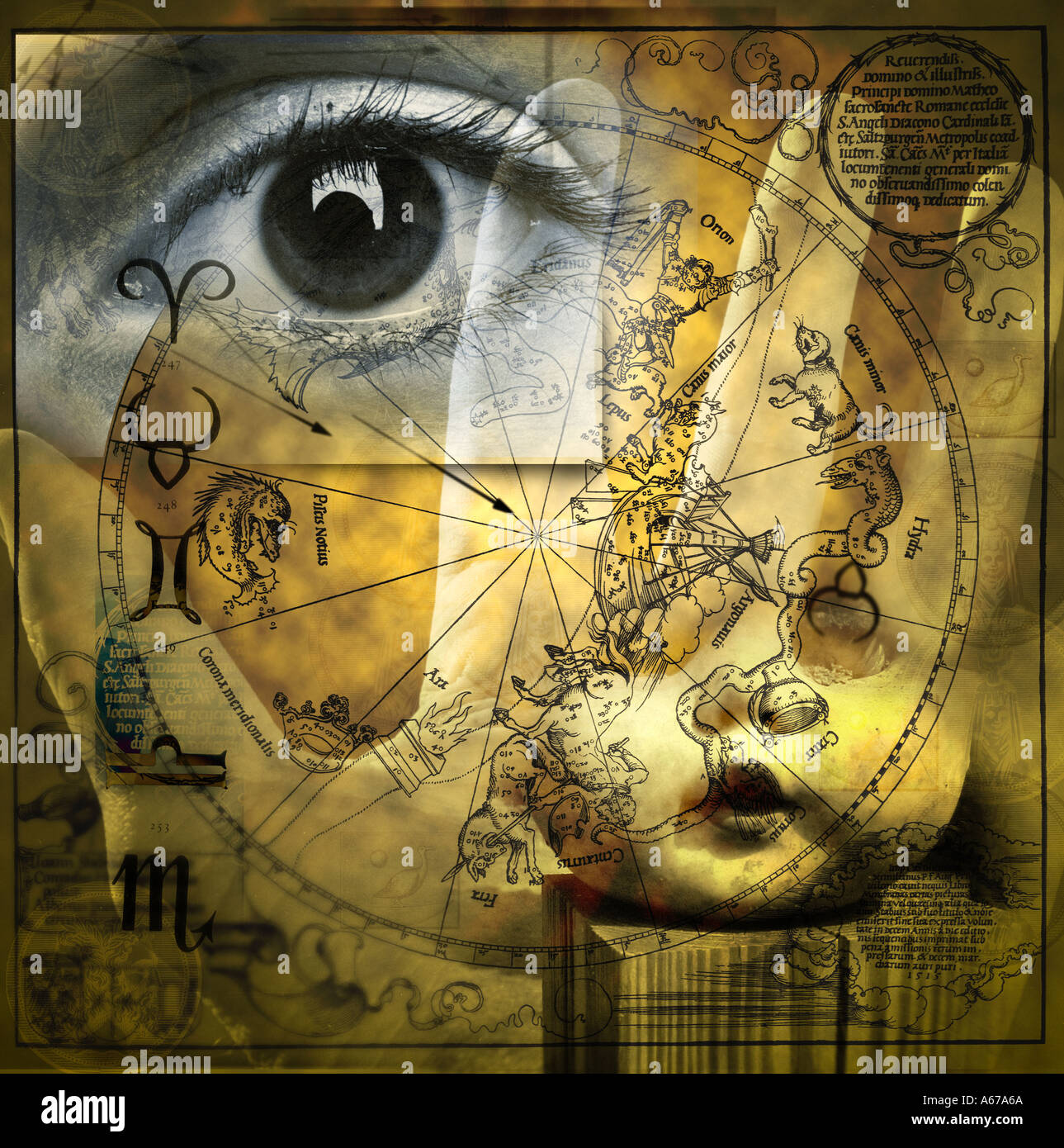 Astrologie und Wirtschaft Collage mit Auge. Foto illustration Stockfoto