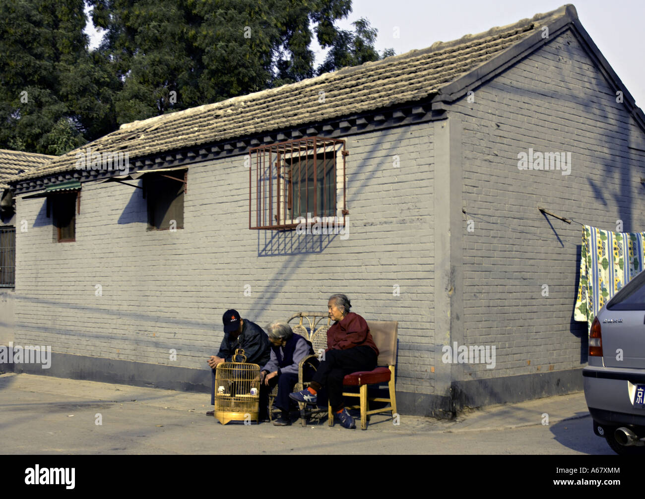 CHINA BEIJING ältere chinesische Männer und Frauen sitzen in der Sonne außerhalb ihrer Heimat Peking mit ihrem Haustier Mynah Vogel in einem Käfig Stockfoto