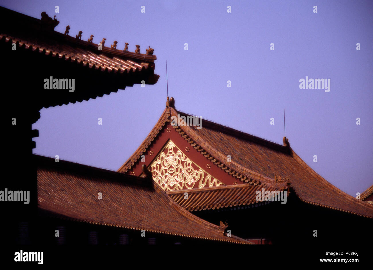 Detail der Statuetten (Hangshi) und goldene Dekoration auf den Dächern. Verbotene Stadt. Beijing. China. Stockfoto