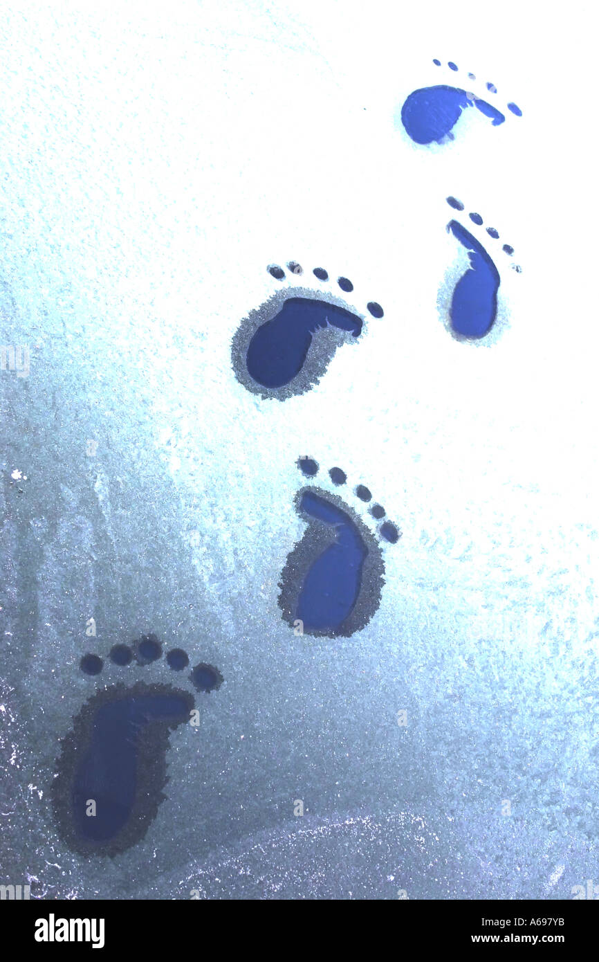 Lustige Fussspuren im Eis Stockfoto