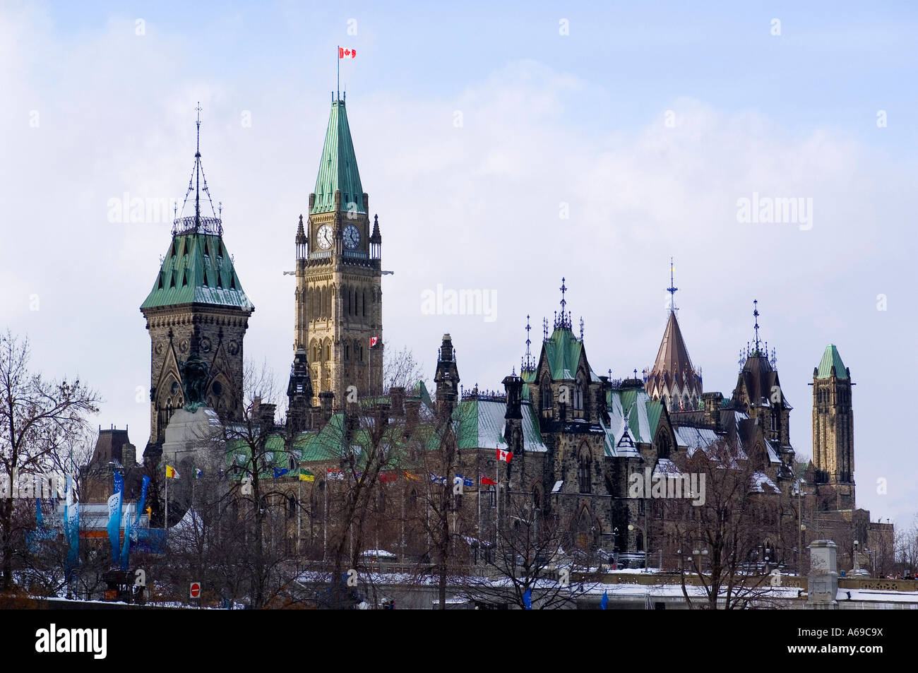 Winter-Ansicht der Parlamentsgebäude, Ottawa, Kanada. Stockfoto