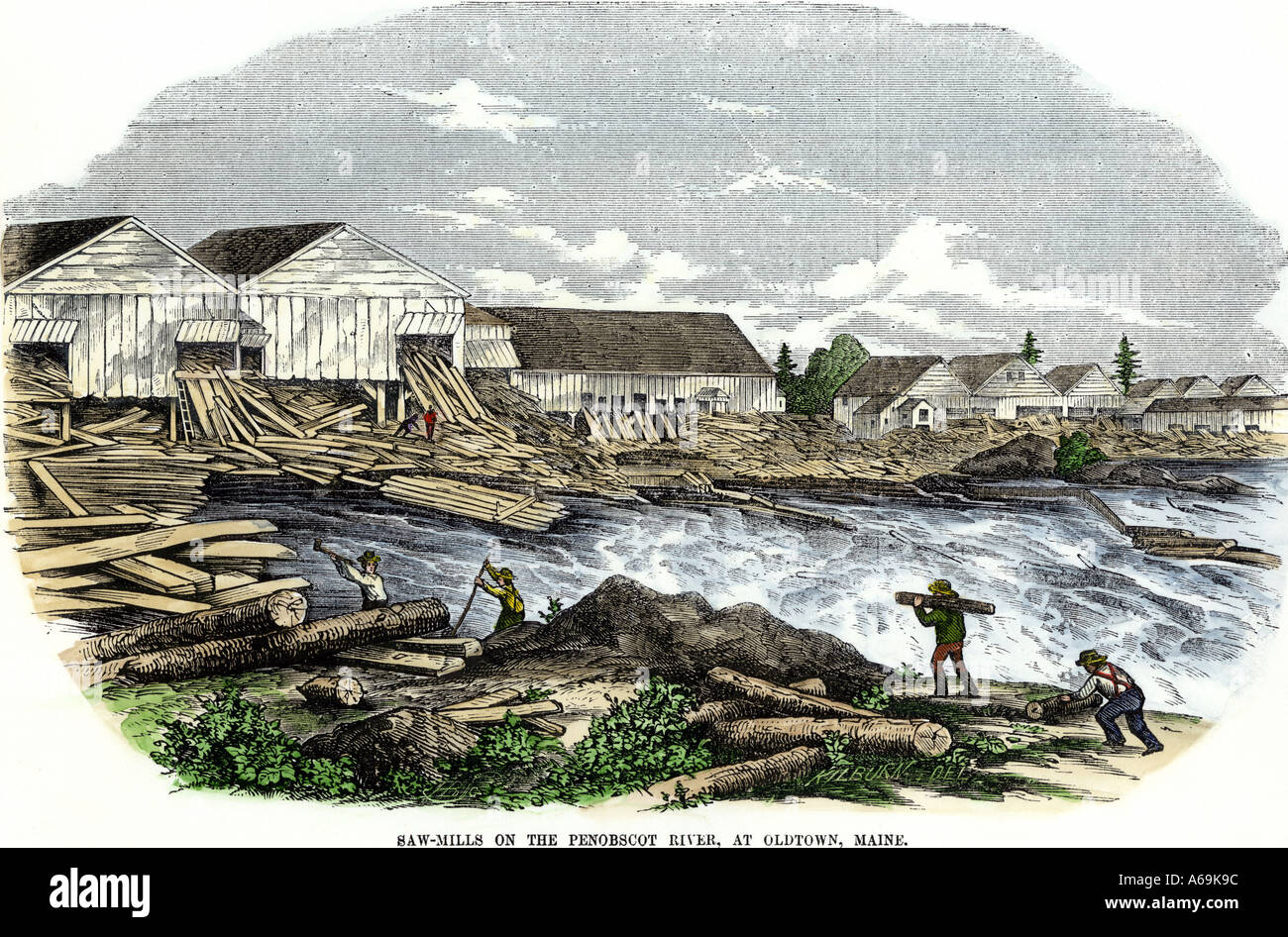 Sägewerke auf die Penobscot River im Old Town Maine 1850. Hand - farbige Holzschnitt Stockfoto