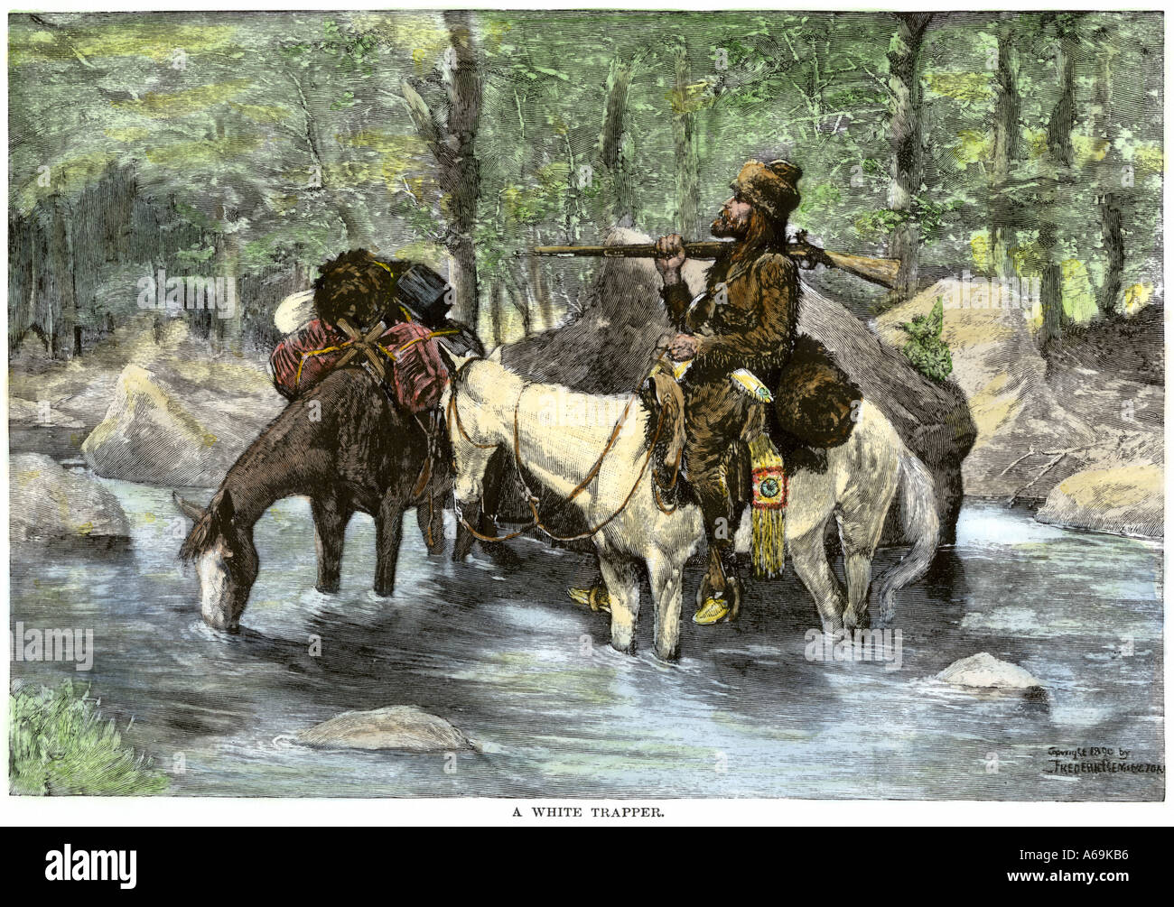 Eine weiße Trapper Kreuzung ein Bergbach. Hand - farbige Holzschnitt von Frederic Remington Abbildung Stockfoto