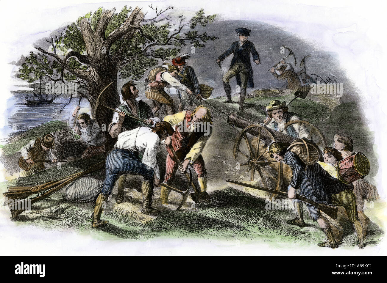 Kolonisten stärkenden Rassen Hill in der Nacht vor der Schlacht von Bunker Hill 1775. Hand - farbige Gravur Stockfoto
