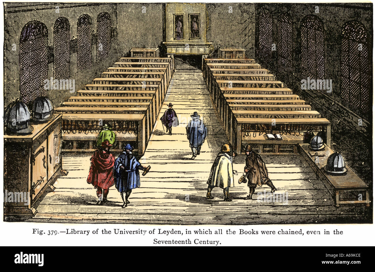 Universität von Leyden Bibliothek, in der alle Bücher gekettet bis in die 1600-er Jahre waren. Hand - farbige Holzschnitt Stockfoto