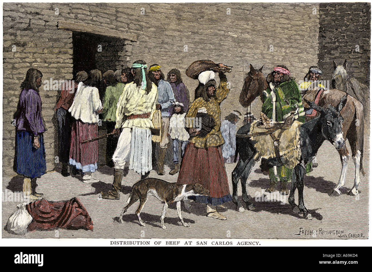 Apachen erhalten eine Zuteilung von Rindfleisch aus indischen Agenten bei San Carlos Reservation Arizona 1890. Hand - farbige Holzschnitt von Frederic Remington Abbildung Stockfoto