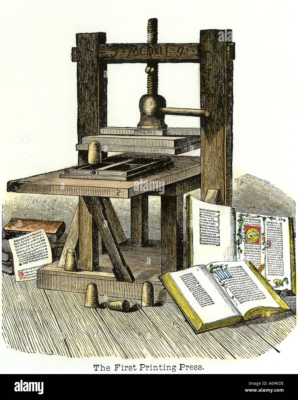 Johann Gutenberg s Druckerei Mainz Deutschland 1450 s. Hand - farbige Holzschnitt Stockfoto