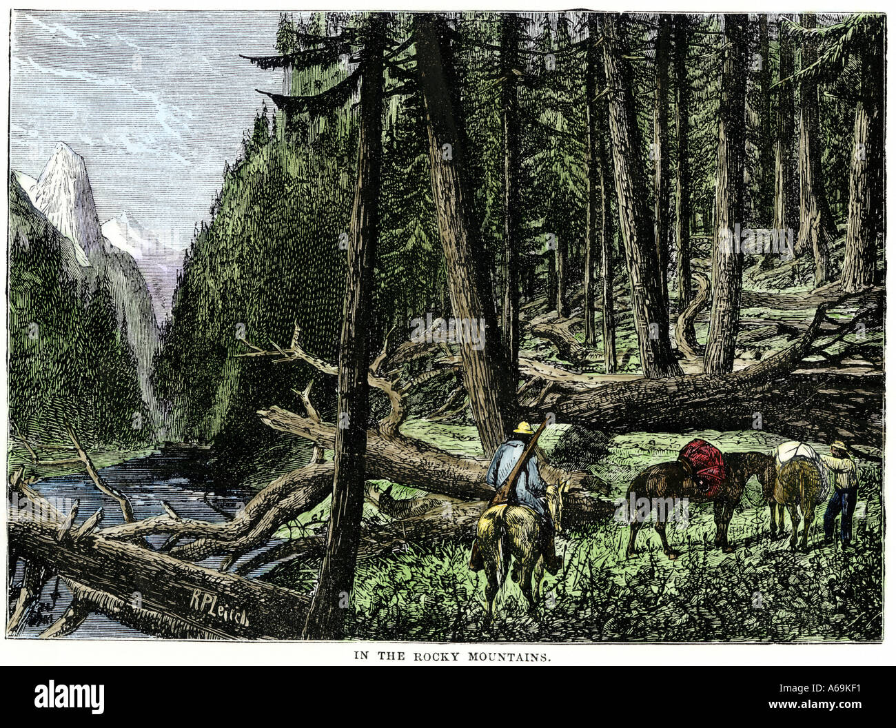 Pack Zug der Pelzhändler in den Rocky Mountains 1800. Hand - farbige Holzschnitt Stockfoto