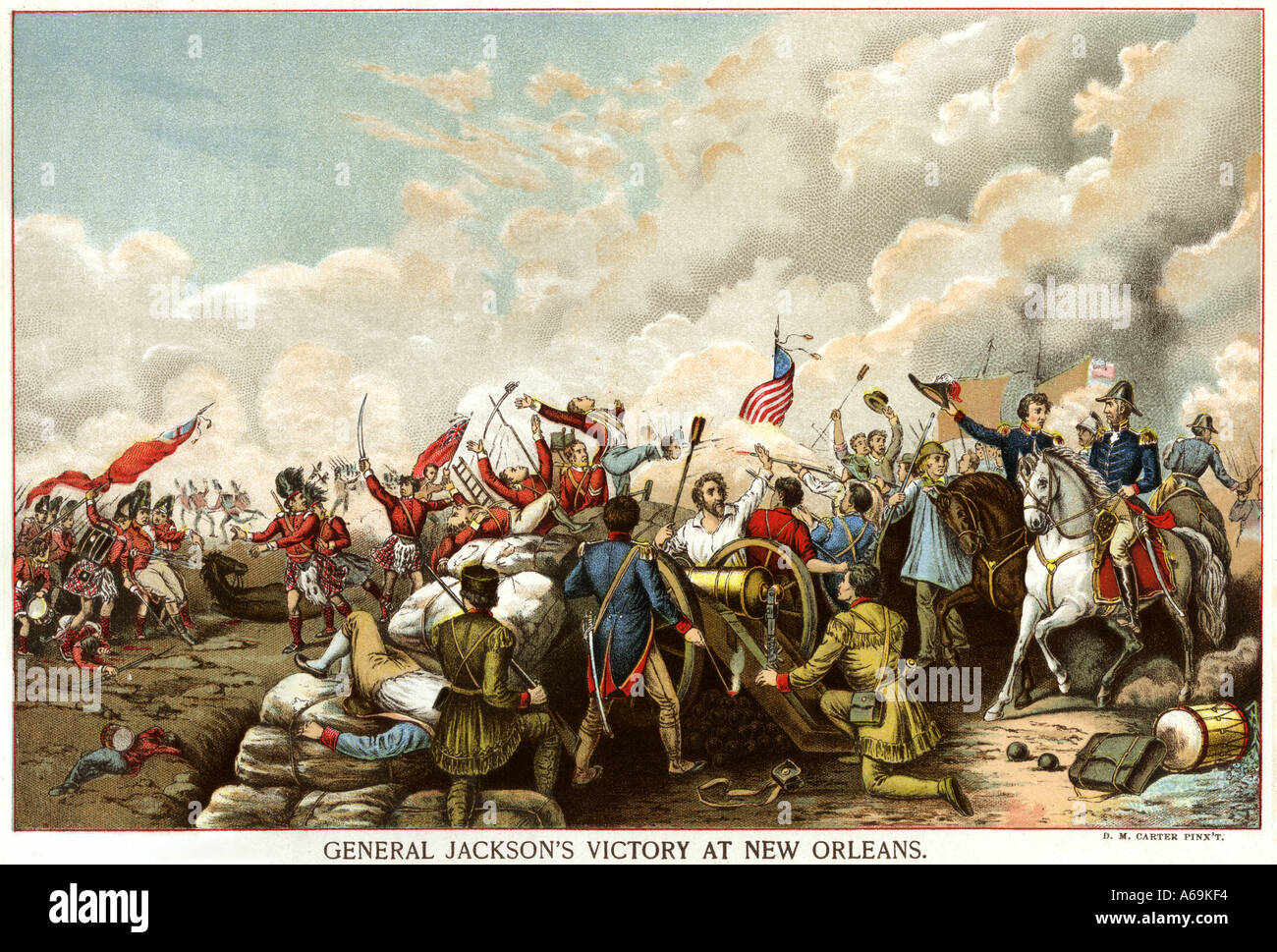 General Andrew Jackson besiegte die britische New Orleans 1815 am Ende des Krieges von 1812. Farblithographie Stockfoto