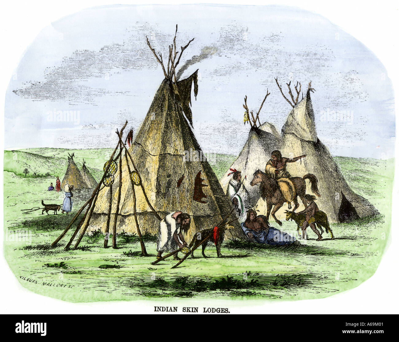 Native American Buffalo - Haut tipis Great Plains 1800. Hand - farbige Holzschnitt Stockfoto