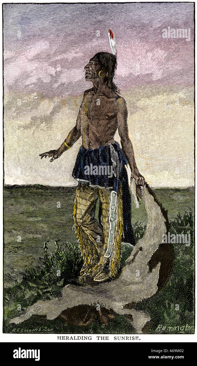 Sioux brave läutet den Sonnenaufgang. Hand - farbige Holzschnitt von Frederic Remington Abbildung Stockfoto
