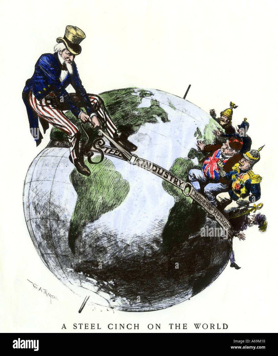 Uncle Sam Anwenden einer Stahl Cinch auf dem Globus cartoon symbolisieren Dominanz der amerikanischen Stahlindustrie 1901. Hand - farbige Holzschnitt Stockfoto