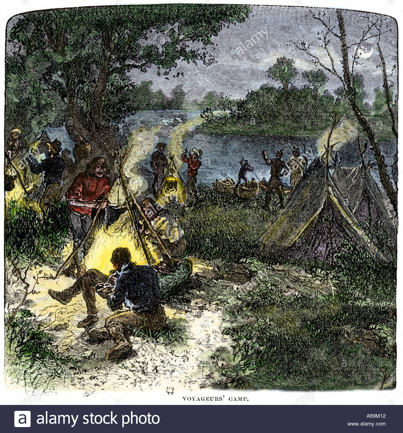 Riverside Camp des Voyageurs oder französische Pelzhändler in Nordamerika. Hand - farbige Holzschnitt Stockfoto