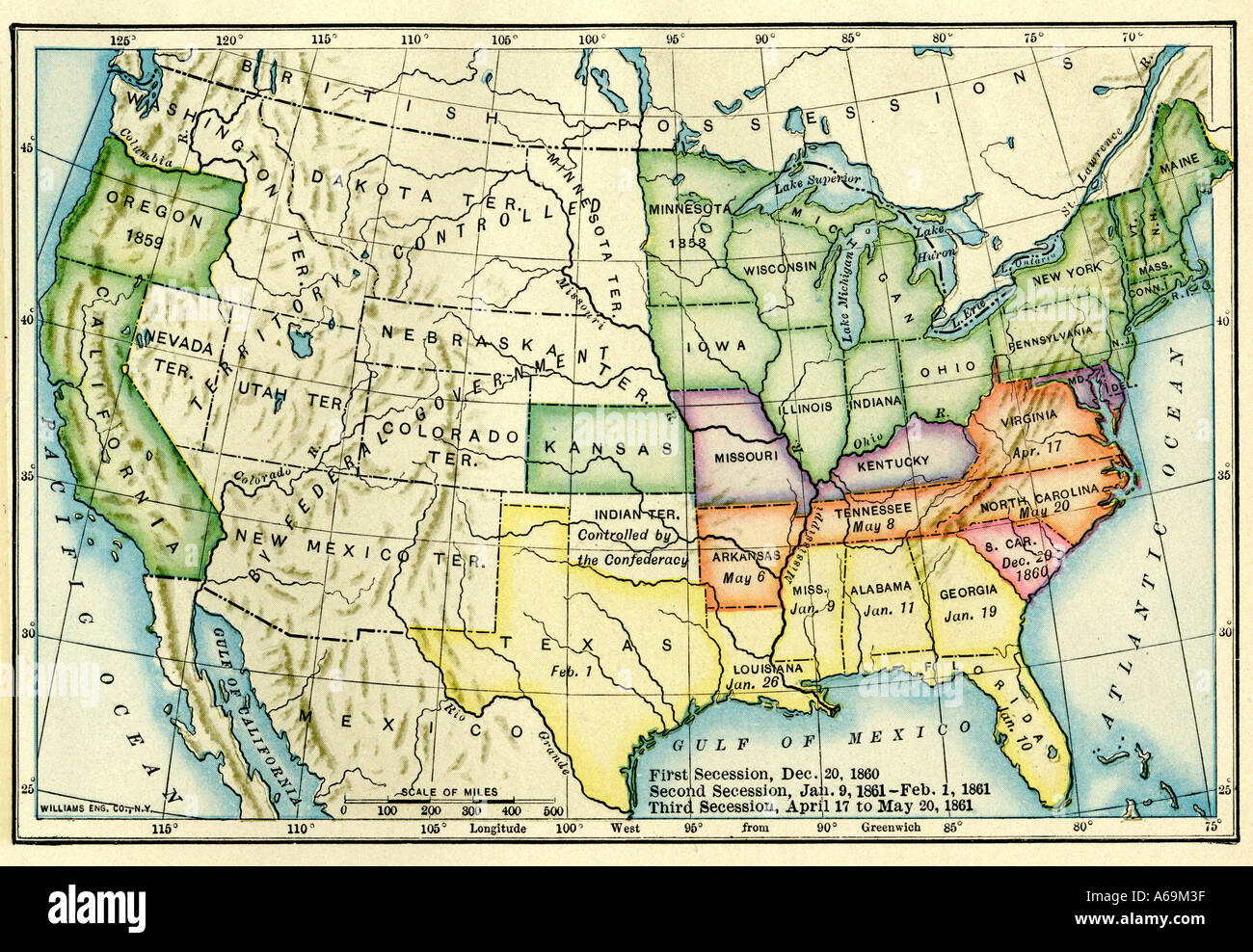 Uns Karte mit Trennung, durch Datum US Bürgerkrieg 1860 und 1861. Farblithographie Stockfoto