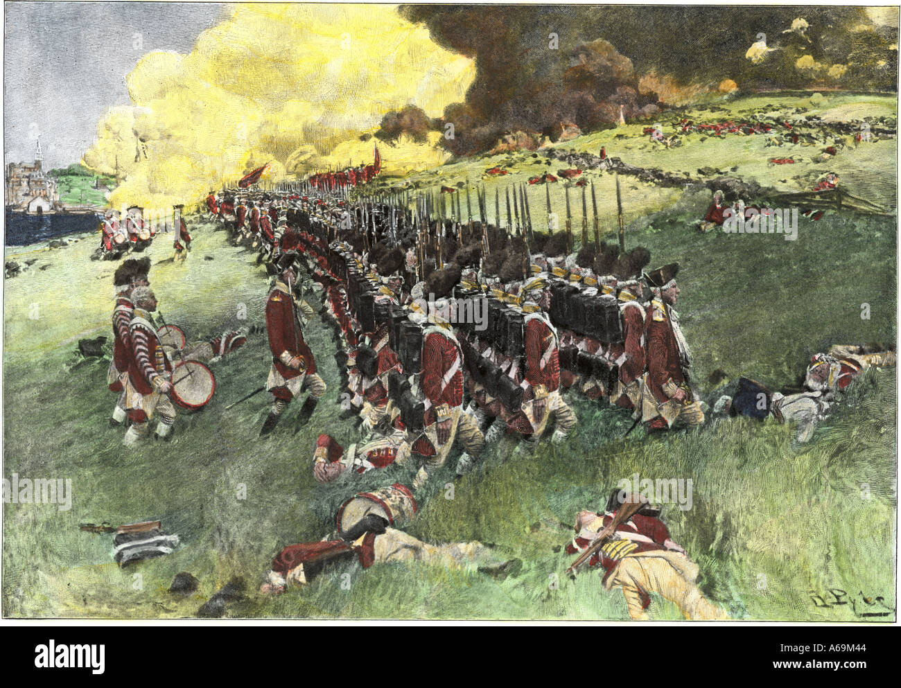 Britische Armee marschiert in der Ausbildung in der Schlacht von Bunker Hill 1775. Hand - farbige Holzschnitt von Howard Pyle Abbildung Stockfoto