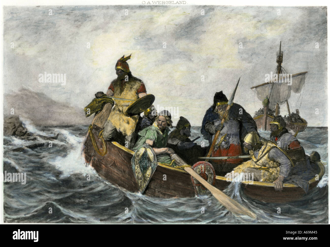 Leif Erikssen vor der Küste von Vineland in einem Viking Landung Boot. Handcolorierte photogravure einer Abbildung Stockfoto