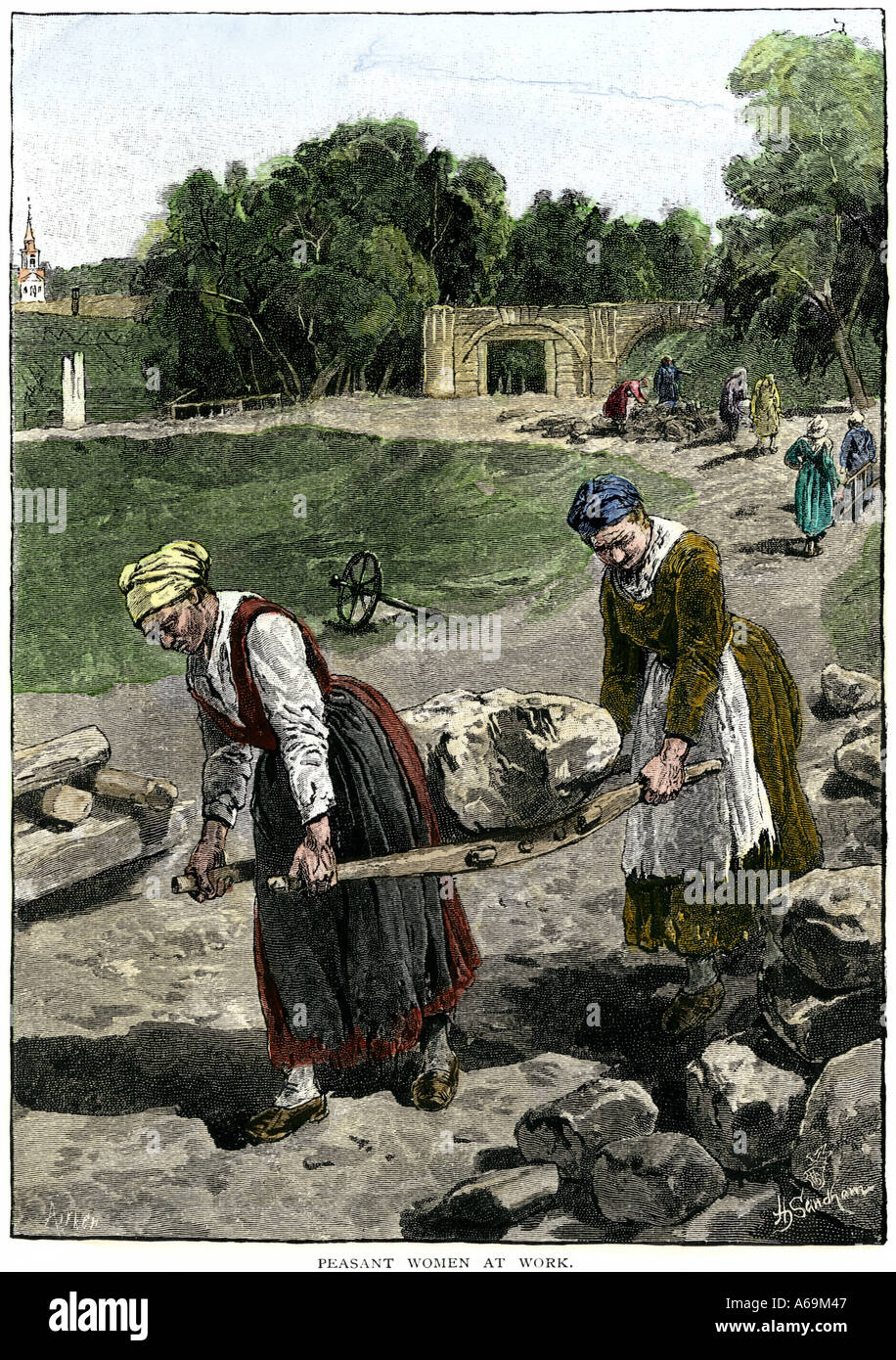 Russische Bäuerinnen bei der Arbeit mit großen Steinen auf einen Wurf 1800. Hand - farbige Holzschnitt Stockfoto