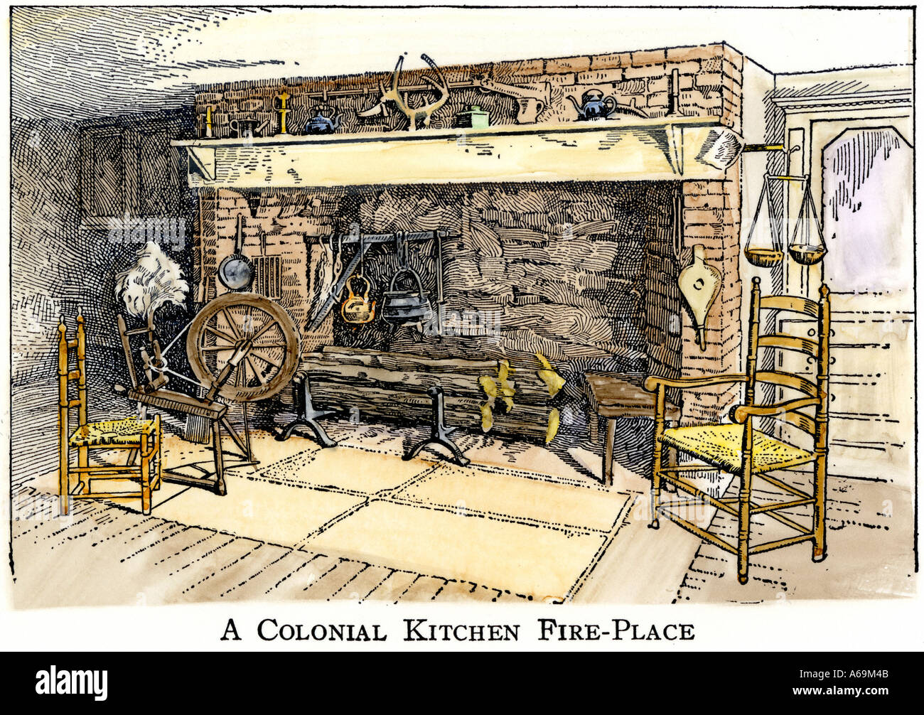 Spinnrad neben einem kolonialen Küche Kamin. Hand - farbige Holzschnitt Stockfoto