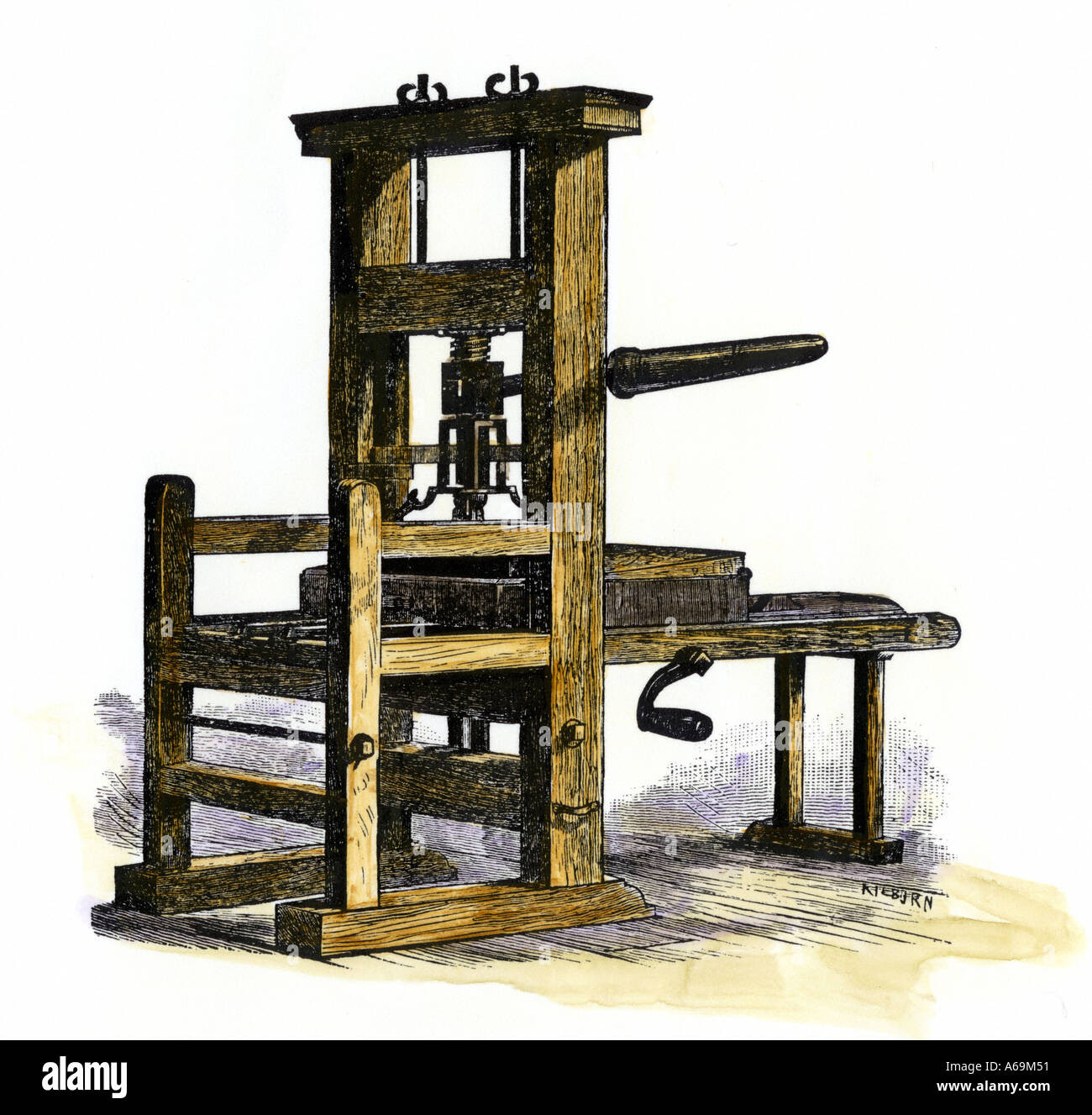 Benjamin Franklins Ramage Druckmaschine. Hand - farbige Holzschnitt Stockfoto
