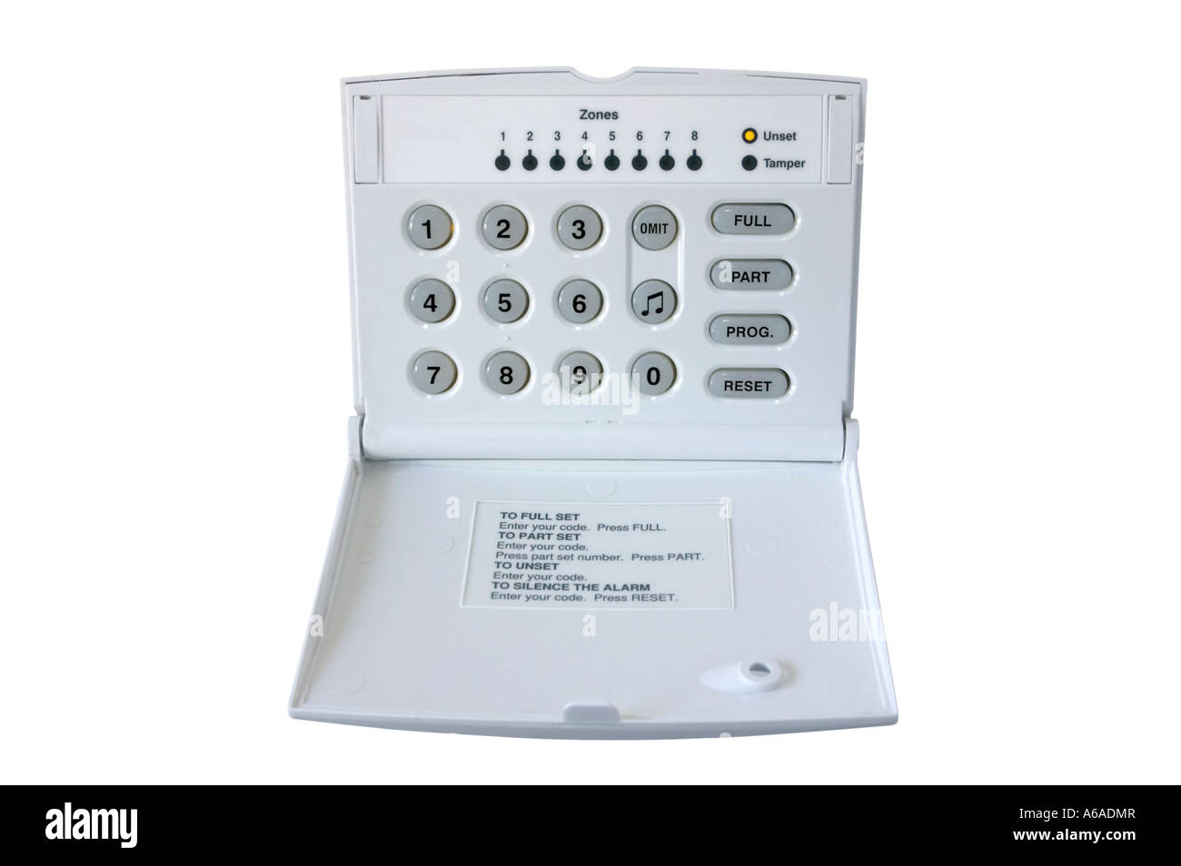 Alarm Control Box isoliert auf weiß Stockfoto