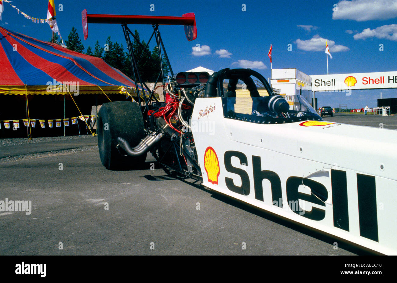 Top Fuel Dragster gesponsert von Shell Öl Tragfläche Flügel Abtrieb aerodynmanic Stockfoto