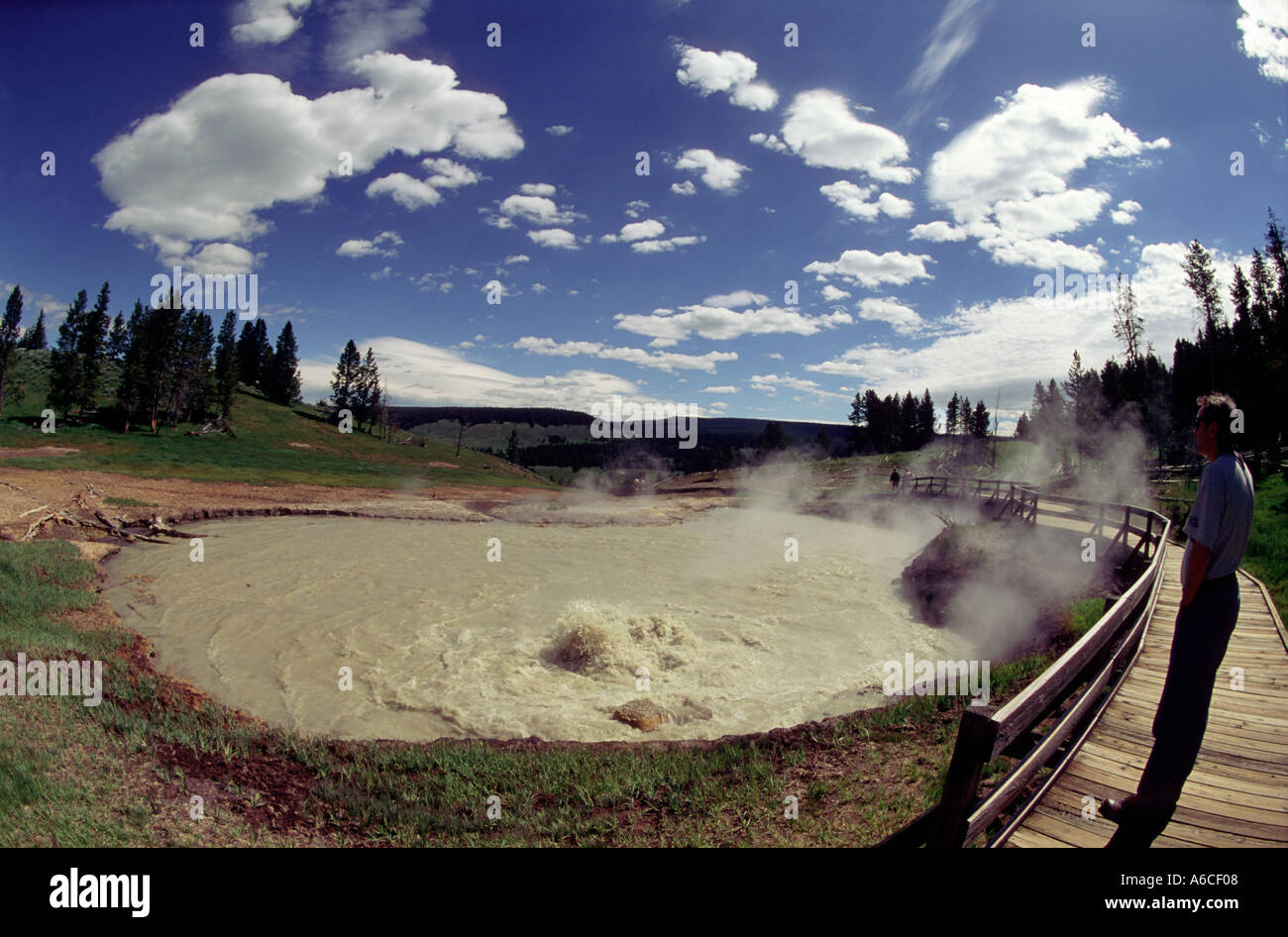 Ein Mann betrachtet man den Teufel Geysir im Yellow Stone National Park Stockfoto