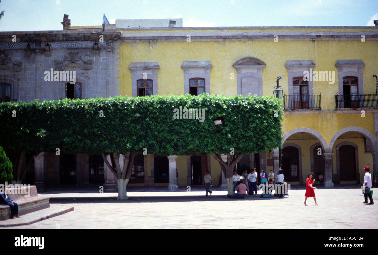 Mitte Tag mit Menschen, die im Schatten von einem Orangenbaum Absicherung von Queretaro, Mexiko Stockfoto