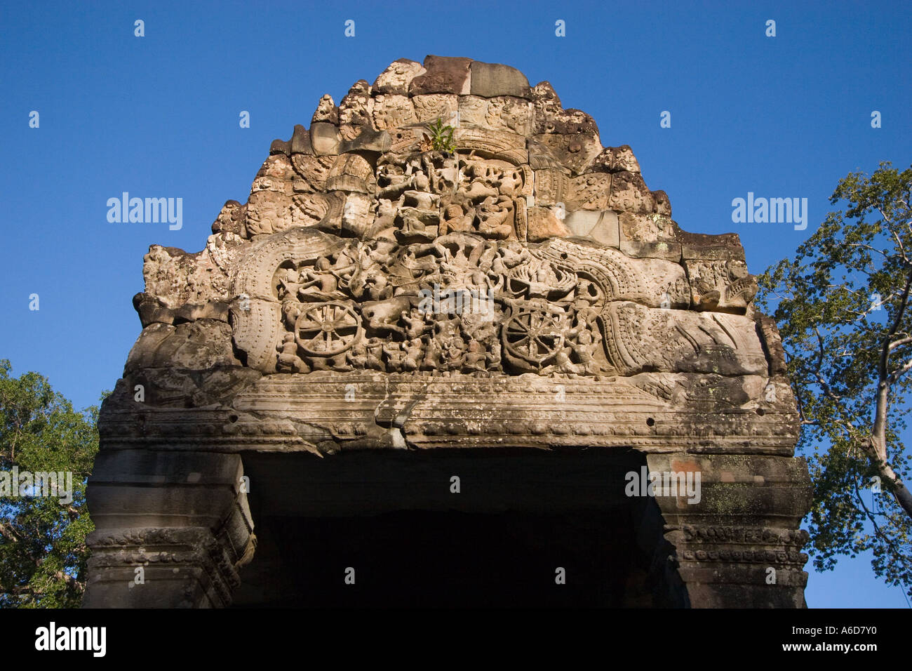 Kampfszene am Gopura an Preah Khan Angkor Wat Siem Reap Kambodscha Stockfoto