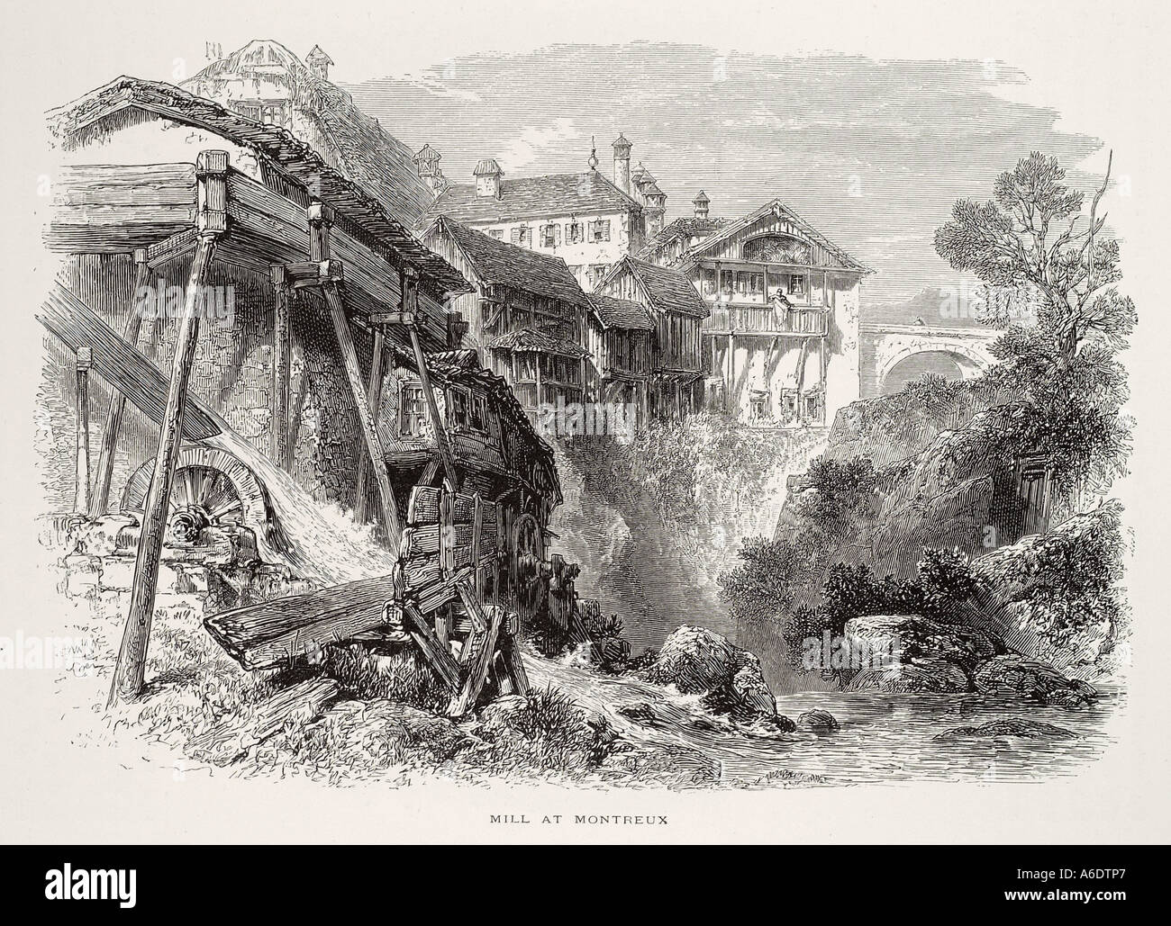 Der Schweiz Montreux Genfersee Europa Schweizer Tal Brücke Bogenhaus Baum Wasserrad Mühle Holz Dorfbach Europa Stockfoto