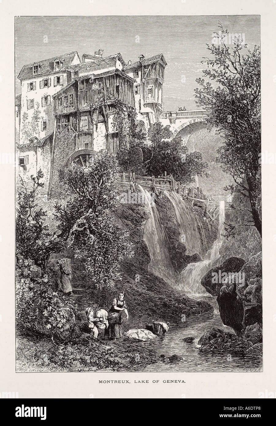 Der Schweiz Montreux Genfersee Europa Schweizer Tal Brücke Bogenhaus Baum Dorffrauen waschen Strom Europas Stockfoto