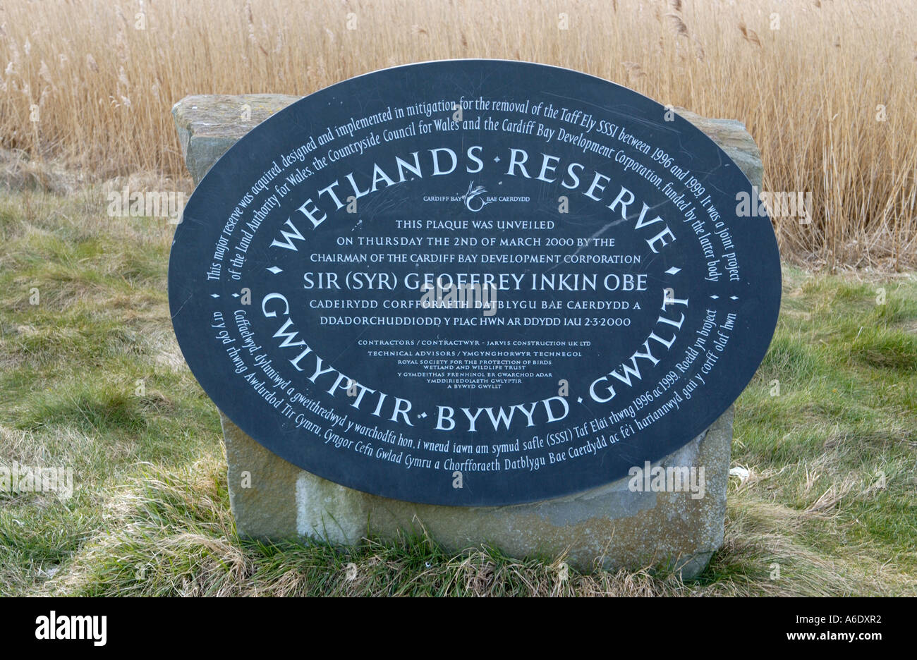 Zweisprachige walisischen Schiefer englischer Sprache Gedenktafel am Newport Feuchtgebiete National Nature Reserve South East Wales UK Stockfoto