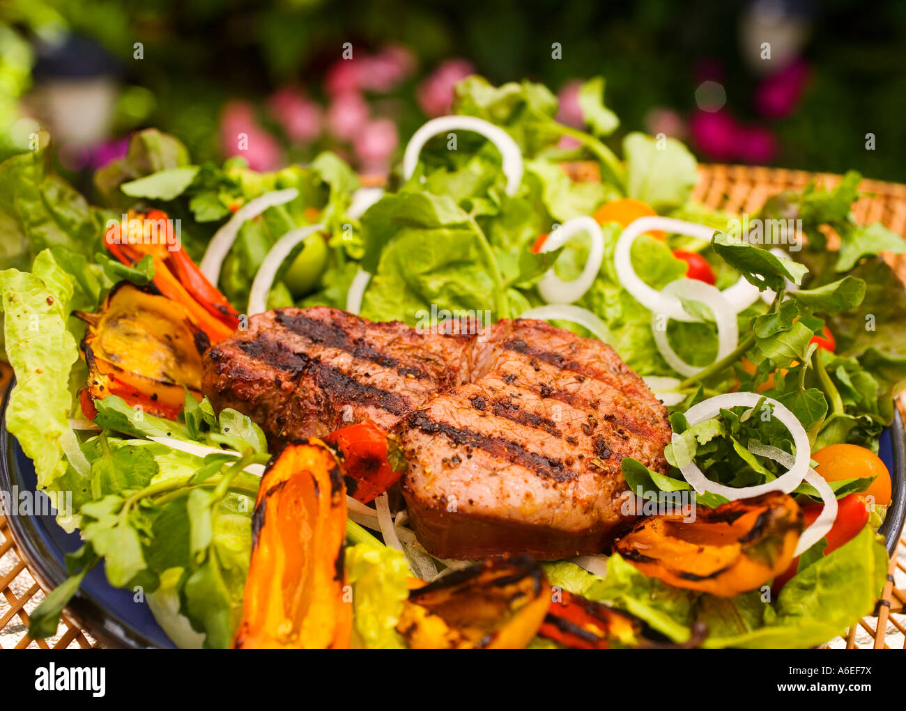 Salat aus Kopfsalat, Zwiebeln, Tomaten und Paprika mit einem Fischfilet auf Stockfoto