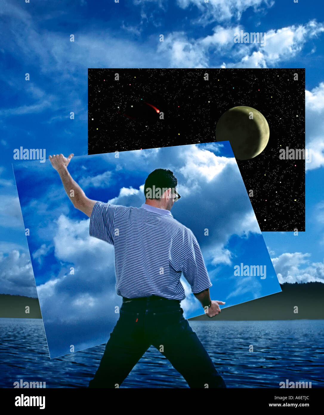 Digitale fotografische Illustration zeigt Person entfernen-Abschnitt der Taghimmel um den Nachthimmel zu offenbaren Stockfoto