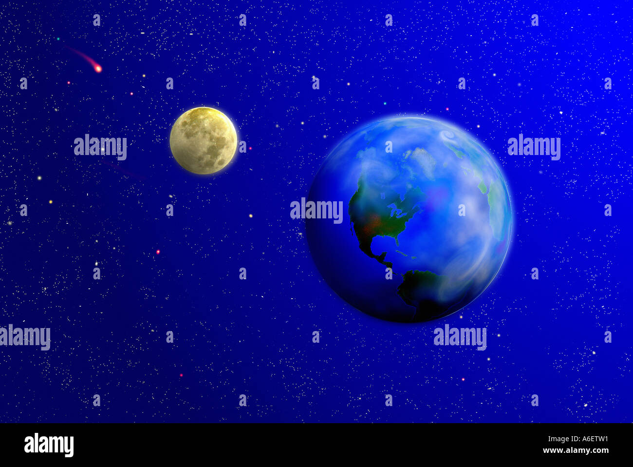 Digitale Illustration des Planeten Erde und der Mond vor dem Hintergrund der Sterne Kometen Stockfoto