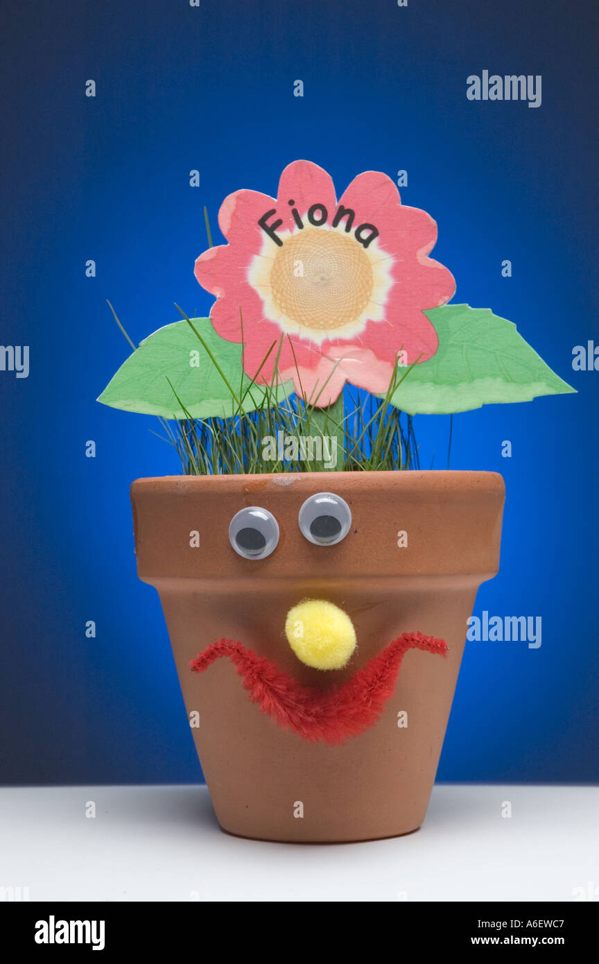 Ton-Blumentopf mit grünen Rasen wächst in einem blauen Hintergrund Stockfoto