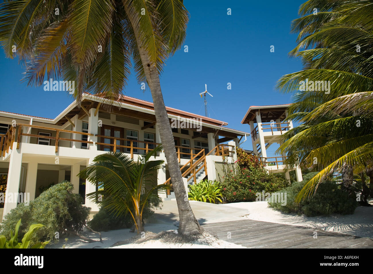 BELIZE Ambergris Caye Luxusdomizil Strand entlang wind Turbine zwei Geschichte Observation Deck Palmen Stockfoto