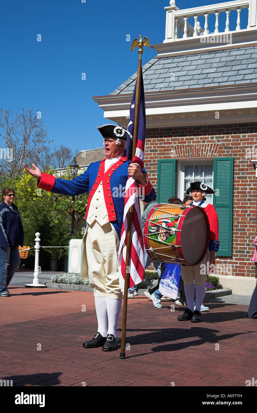 Krieg von Unabhängigkeit Soldaten im amerikanischen Teil des World Showcase, EPCOT Center, Disney World, Orlando, Florida, USA Stockfoto