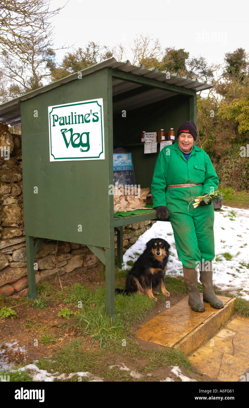 Gärtner mit ihrem am Straßenrand stand und Schäferhund auf einer Landstraße in der Nähe von Snowshill Gloucestershire England UK Stockfoto