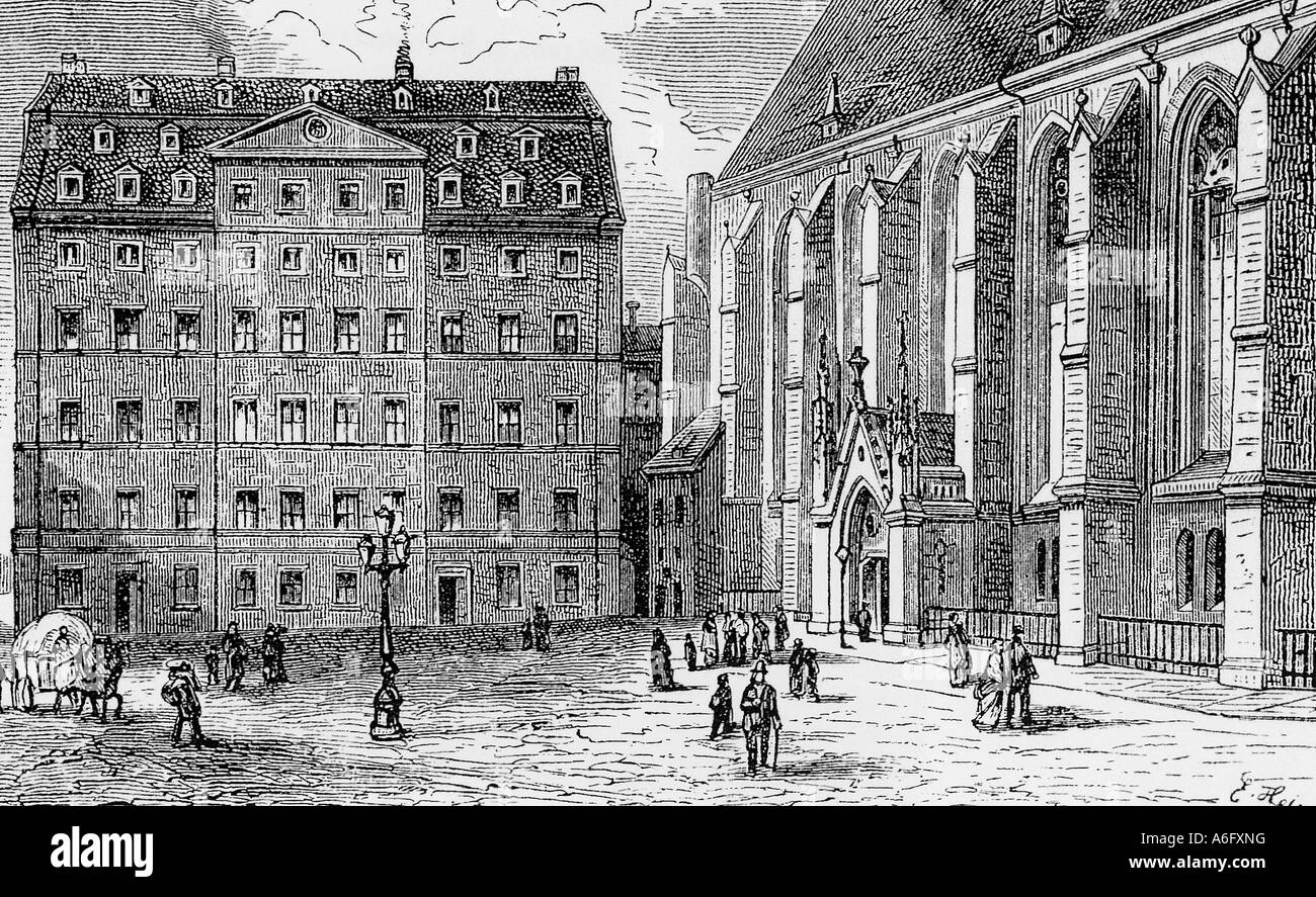 JOHANN SEBASTIAN BACH deutsche Komponisten spielte bei Leipzig St Thomasschule, Leipzig, neben St. Thomaskirche Stockfoto