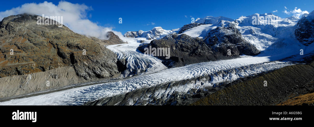 Meeting Point der Pers und Morteratsch-Gletscher und Berninagruppe, Graubünden, Schweiz Stockfoto